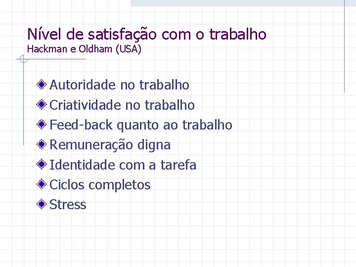 Nível de satisfação com o trabalho Hackman e Oldham (USA) Autoridade no trabalho Criatividade