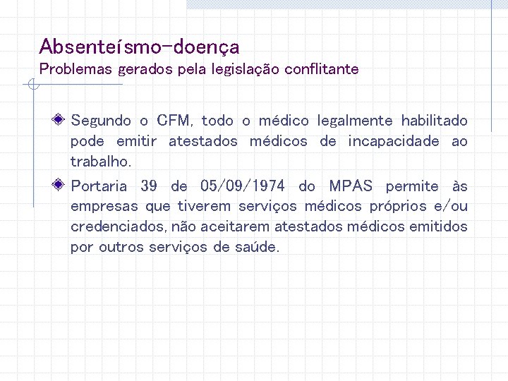 Absenteísmo-doença Problemas gerados pela legislação conflitante Segundo o CFM, todo o médico legalmente habilitado