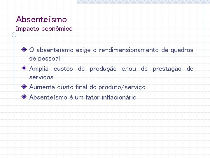 Absenteísmo Impacto econômico O absenteísmo exige o re-dimensionamento de quadros de pessoal. Amplia custos