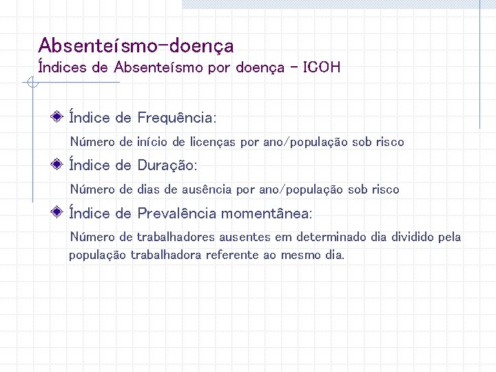 Absenteísmo-doença Índices de Absenteísmo por doença - ICOH Índice de Frequência: Número de início