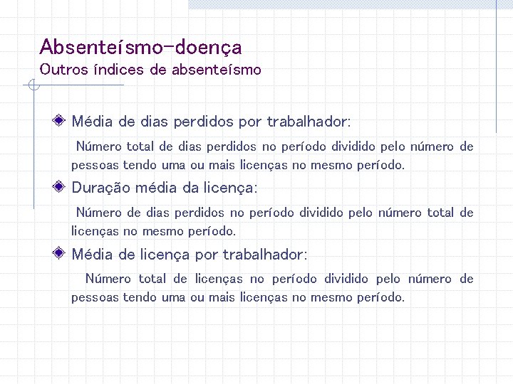 Absenteísmo-doença Outros índices de absenteísmo Média de dias perdidos por trabalhador: Número total de