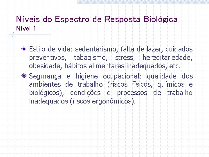 Níveis do Espectro de Resposta Biológica Nível 1 Estilo de vida: sedentarismo, falta de