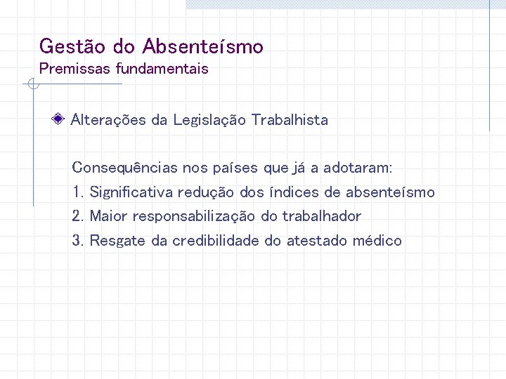 Gestão do Absenteísmo Premissas fundamentais Alterações da Legislação Trabalhista Consequências nos países que já