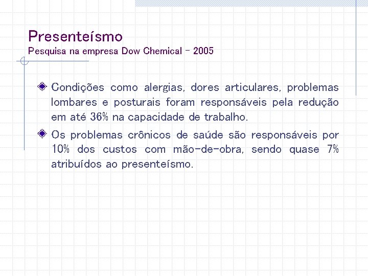 Presenteísmo Pesquisa na empresa Dow Chemical - 2005 Condições como alergias, dores articulares, problemas