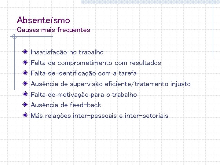 Absenteísmo Causas mais frequentes Insatisfação no trabalho Falta de comprometimento com resultados Falta de