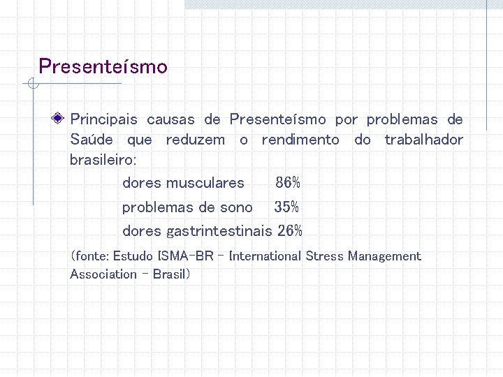 Presenteísmo Principais causas de Presenteísmo por problemas de Saúde que reduzem o rendimento do