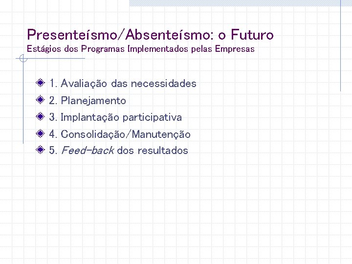 Presenteísmo/Absenteísmo: o Futuro Estágios dos Programas Implementados pelas Empresas 1. 2. 3. 4. 5.
