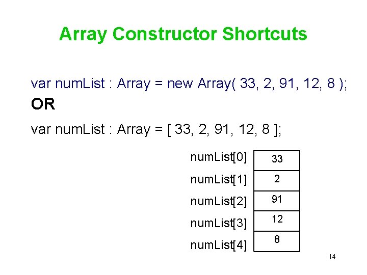 Array Constructor Shortcuts var num. List : Array = new Array( 33, 2, 91,