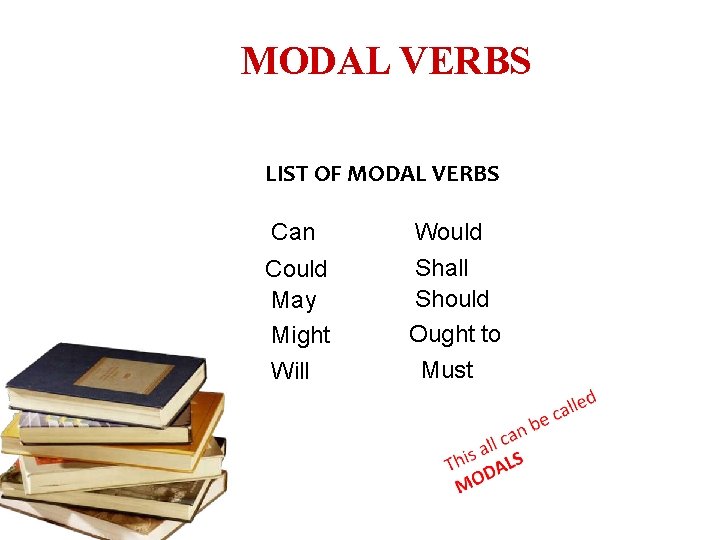 MODAL VERBS LIST OF MODAL VERBS Can Would Could May Might Shall Should Ought