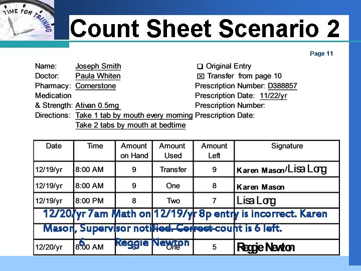 Company LOGO Count Sheet Scenario 2 Page 11 12/20/yr 7 am Math on 12/19/yr