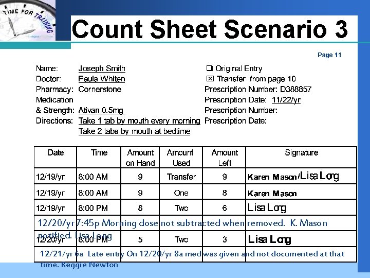 Company LOGO Count Sheet Scenario 3 Page 11 12/20/yr 7: 45 p Morning dose