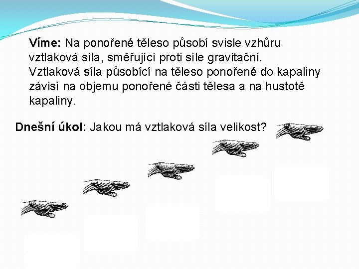 Víme: Na ponořené těleso působí svisle vzhůru vztlaková síla, směřující proti síle gravitační. Vztlaková