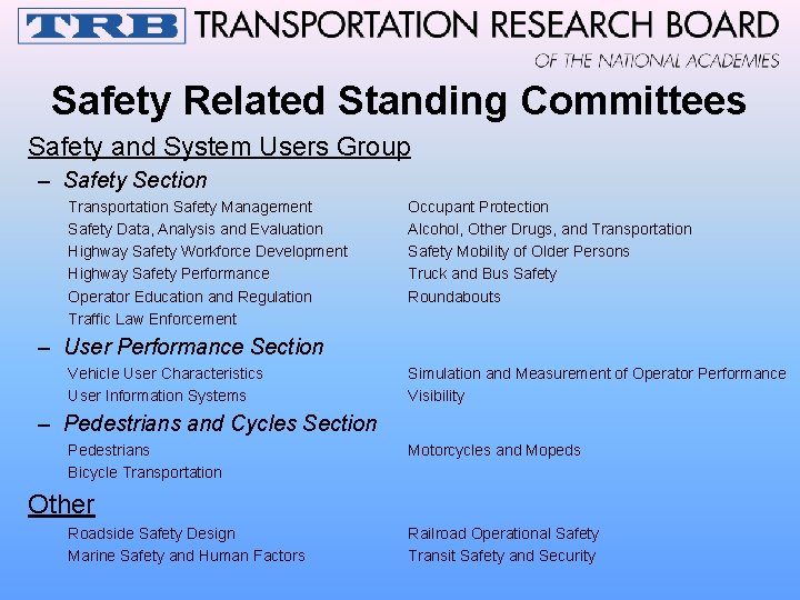 Safety Related Standing Committees Safety and System Users Group – Safety Section Transportation Safety