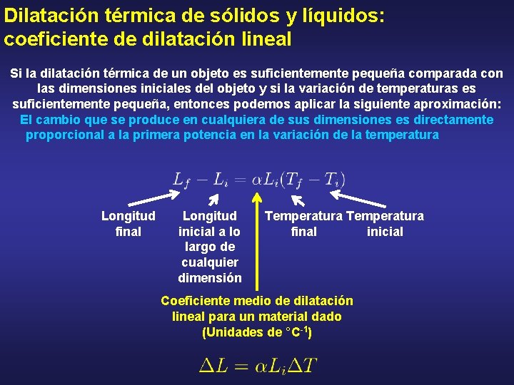 Dilatación térmica de sólidos y líquidos: coeficiente de dilatación lineal Si la dilatación térmica