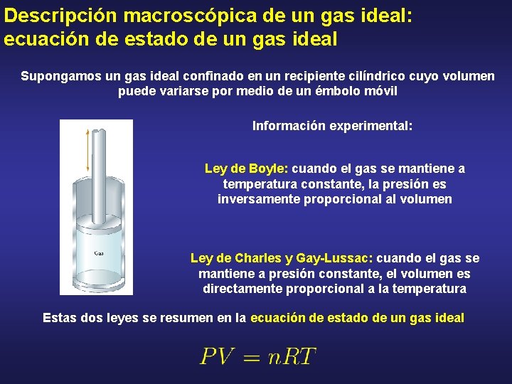 Descripción macroscópica de un gas ideal: ecuación de estado de un gas ideal Supongamos