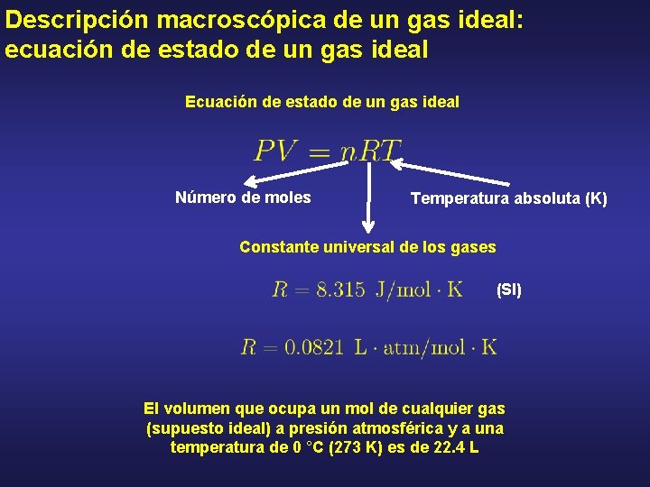Descripción macroscópica de un gas ideal: ecuación de estado de un gas ideal Ecuación