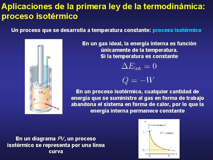 Aplicaciones de la primera ley de la termodinámica: proceso isotérmico Un proceso que se