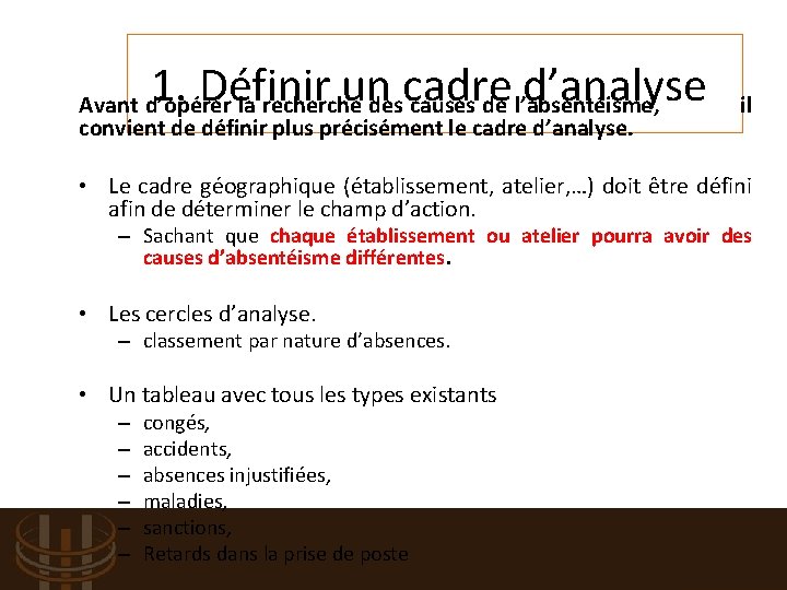 1. Définir un cadre d’analyse Avant d’opérer la recherche des causes de l’absentéisme, convient