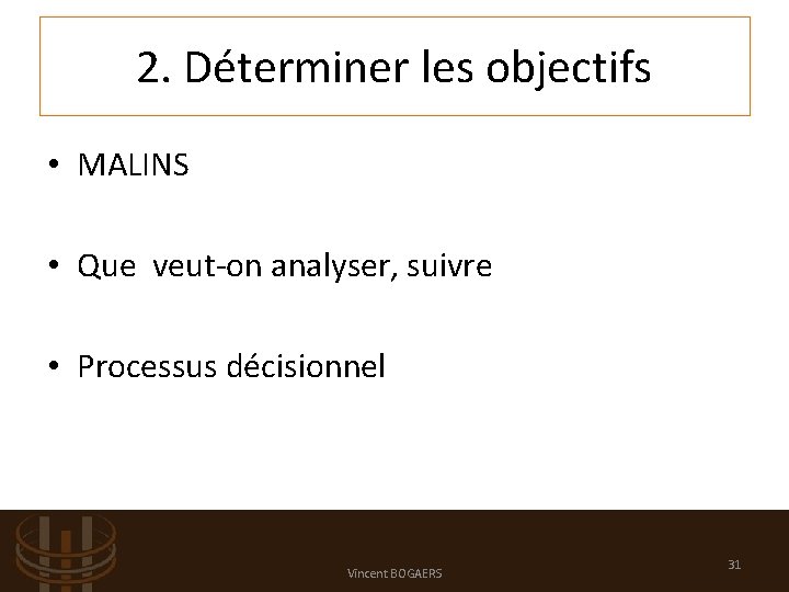 2. Déterminer les objectifs • MALINS • Que veut-on analyser, suivre • Processus décisionnel