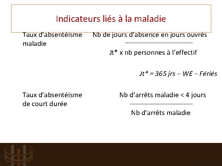 Indicateurs liés à la maladie Taux d’absentéisme Nb de jours d’absence en jours ouvrés