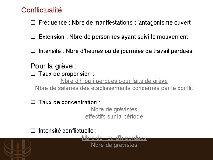 Conflictualité q Fréquence : Nbre de manifestations d’antagonisme ouvert q Extension : Nbre de