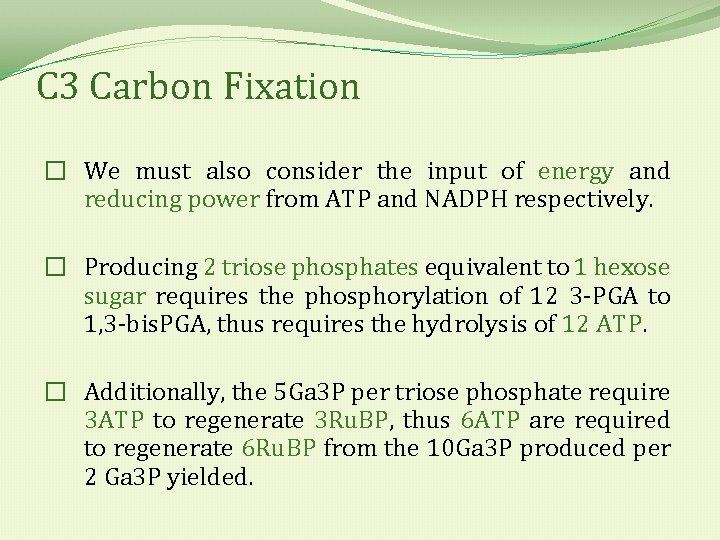 C 3 Carbon Fixation � We must also consider the input of energy and