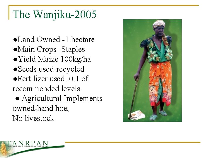 The Wanjiku-2005 ●Land Owned -1 hectare ●Main Crops- Staples ●Yield Maize 100 kg/ha ●Seeds