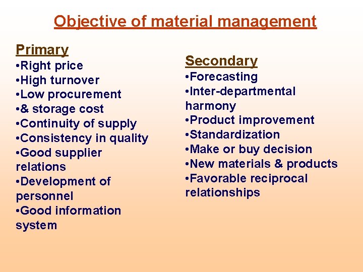 Objective of material management Primary • Right price • High turnover • Low procurement