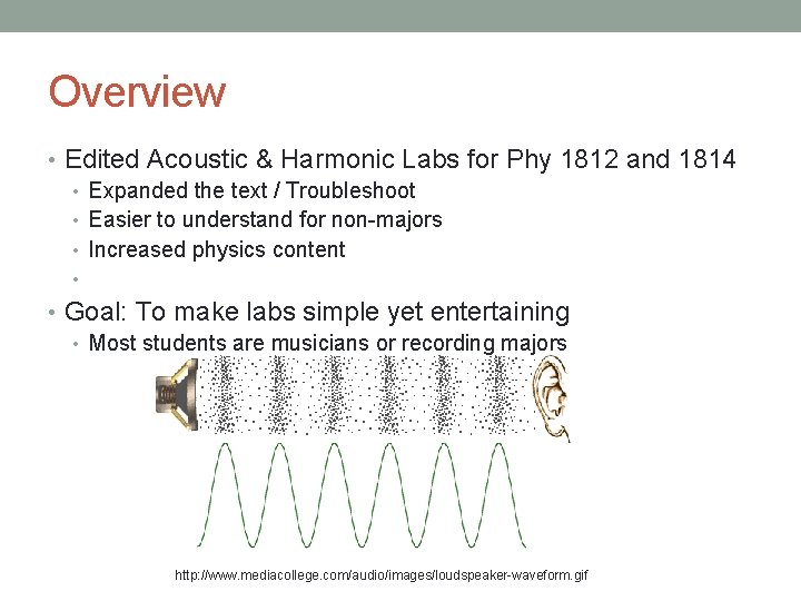 Overview • Edited Acoustic & Harmonic Labs for Phy 1812 and 1814 • Expanded