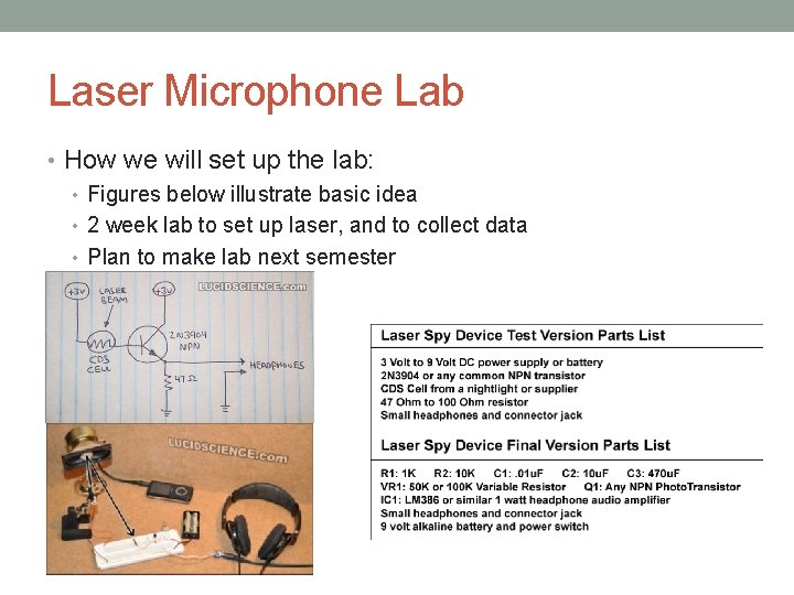 Laser Microphone Lab • How we will set up the lab: • Figures below