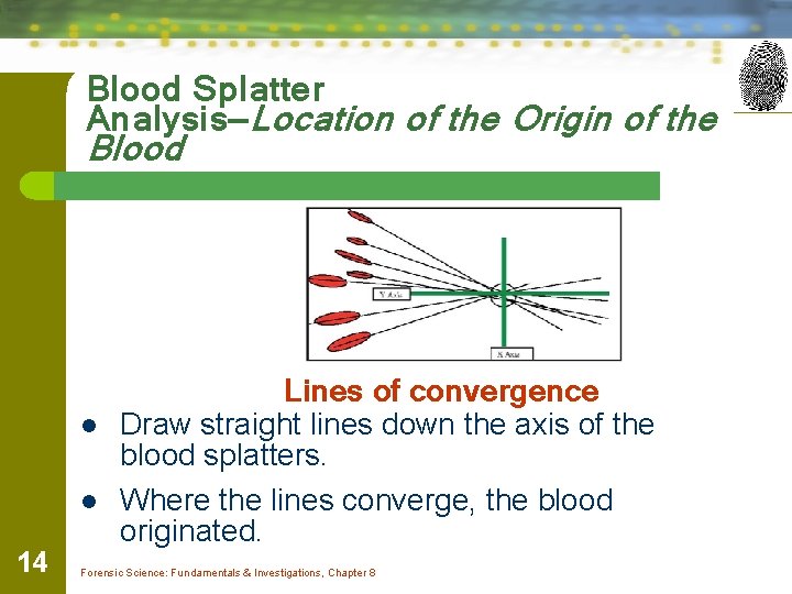 Blood Splatter Analysis—Location of the Origin of the Blood l l 14 Lines of Blood Splatter Analysis—Location of the Origin of the Blood l l 14 Lines of