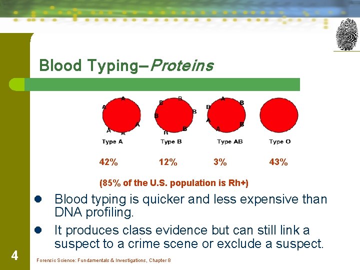 Blood Typing—Proteins 42% 12% 3% 43% (85% of the U. S. population is Rh+)