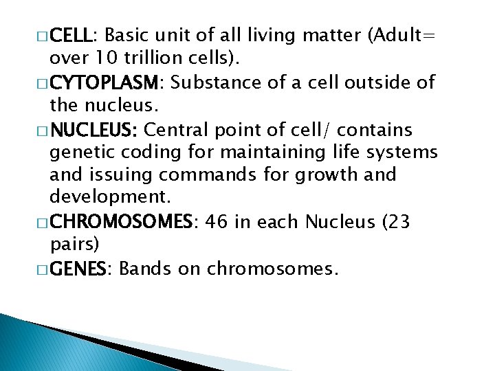 � CELL: Basic unit of all living matter (Adult= over 10 trillion cells). �