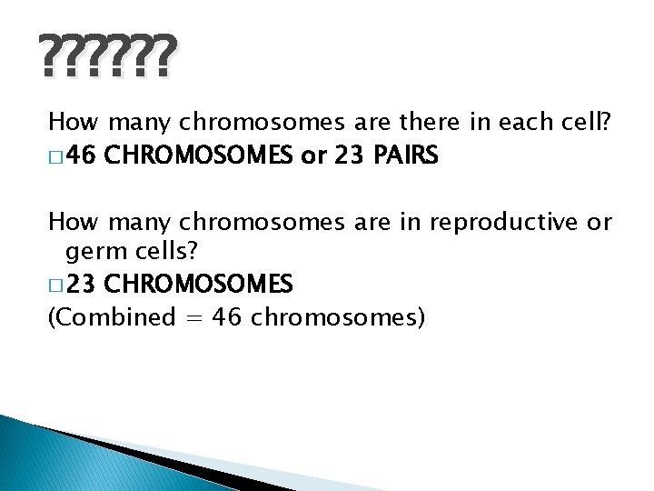 ? ? ? How many chromosomes are there in each cell? � 46 CHROMOSOMES