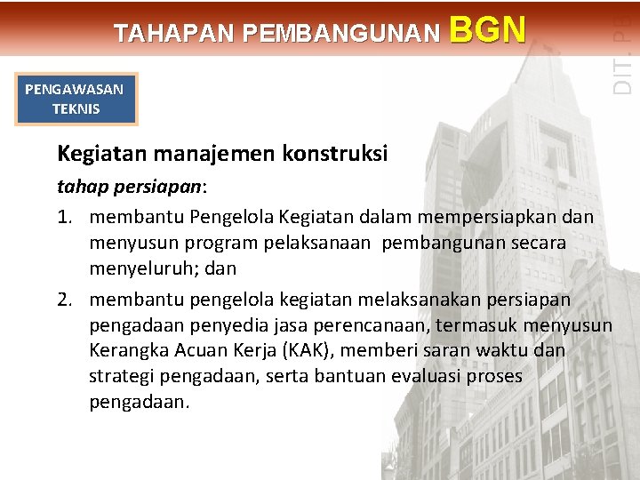PENGAWASAN TEKNIS DIT. PBL TAHAPAN PEMBANGUNAN BGN Kegiatan manajemen konstruksi tahap persiapan: 1. membantu