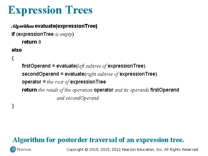 Expression Trees Algorithm evaluate(expression. Tree) if (expression. Tree is empty) return 0 else {