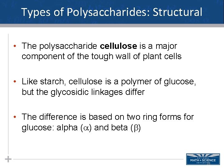 Types of Polysaccharides: Structural • The polysaccharide cellulose is a major component of the
