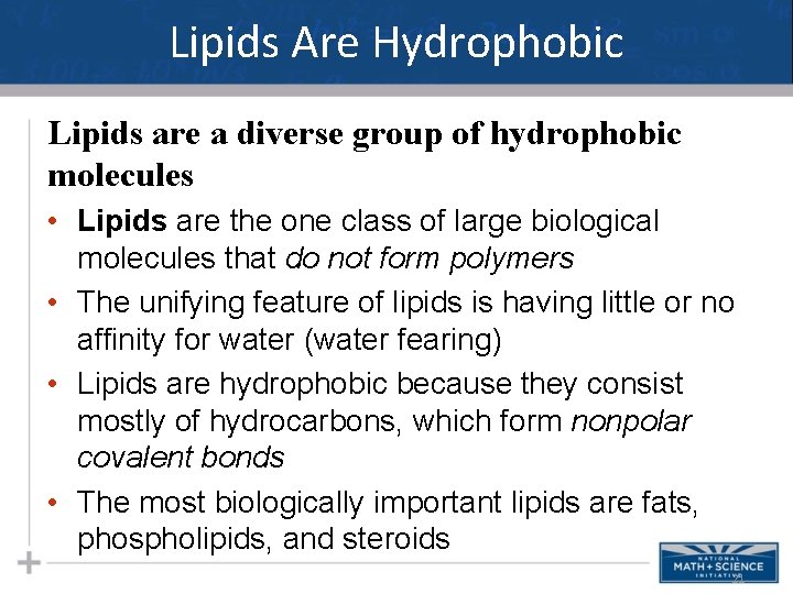 Lipids Are Hydrophobic Lipids are a diverse group of hydrophobic molecules • Lipids are