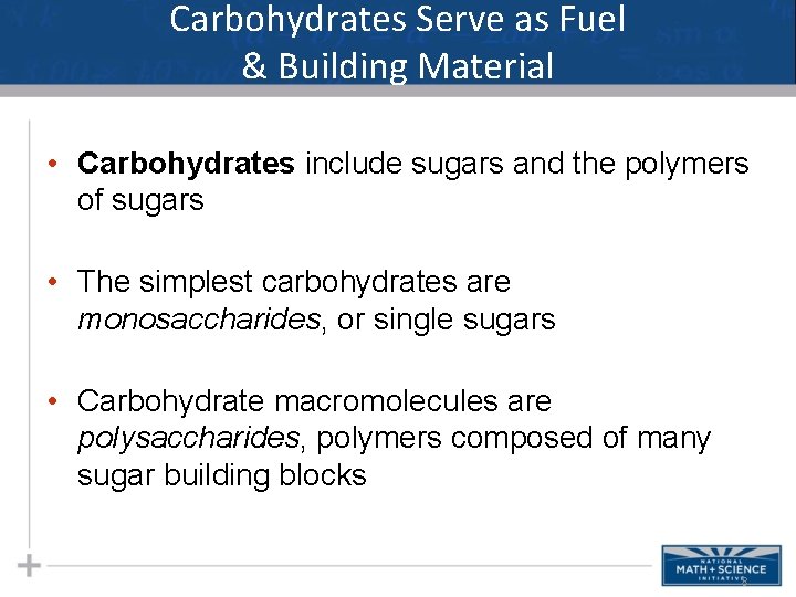 Carbohydrates Serve as Fuel & Building Material • Carbohydrates include sugars and the polymers