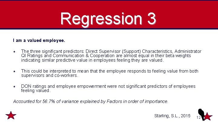 Regression 3 I am a valued employee. The three significant predictors: Direct Supervisor (Support)