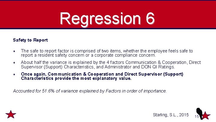 Regression 6 Safety to Report The safe to report factor is comprised of two