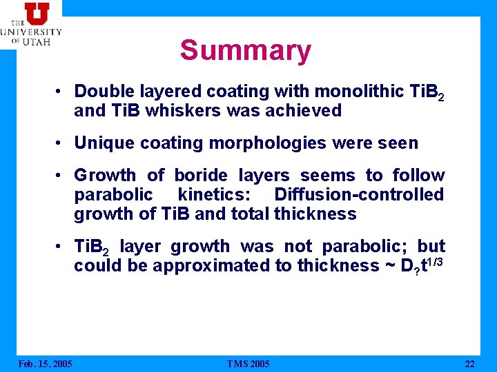 Summary • Double layered coating with monolithic Ti. B 2 and Ti. B whiskers