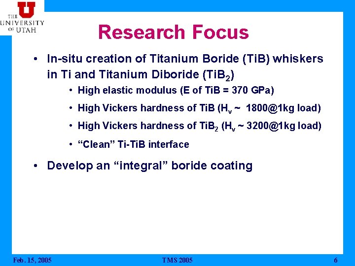 Research Focus • In-situ creation of Titanium Boride (Ti. B) whiskers in Ti and