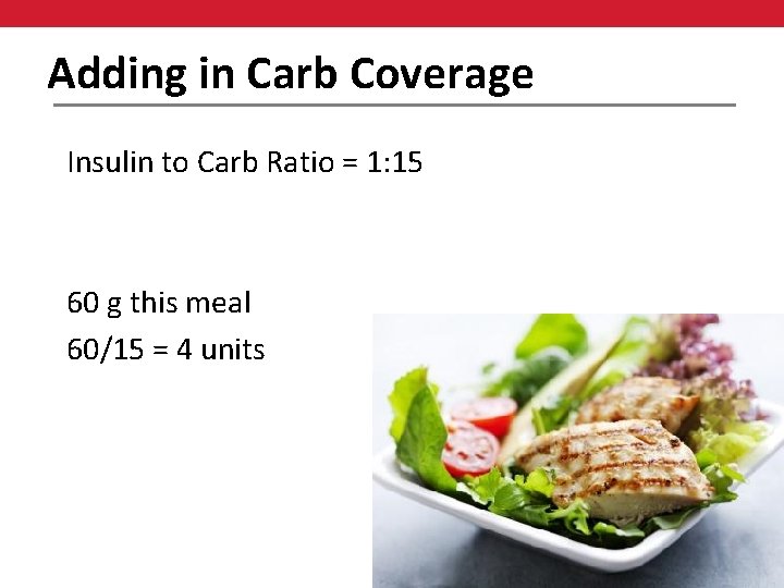 Adding in Carb Coverage Insulin to Carb Ratio = 1: 15 60 g this