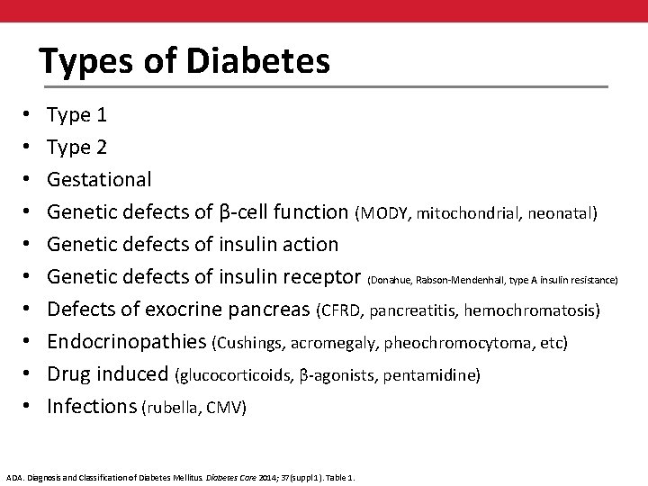 Types of Diabetes • • • Type 1 Type 2 Gestational Genetic defects of
