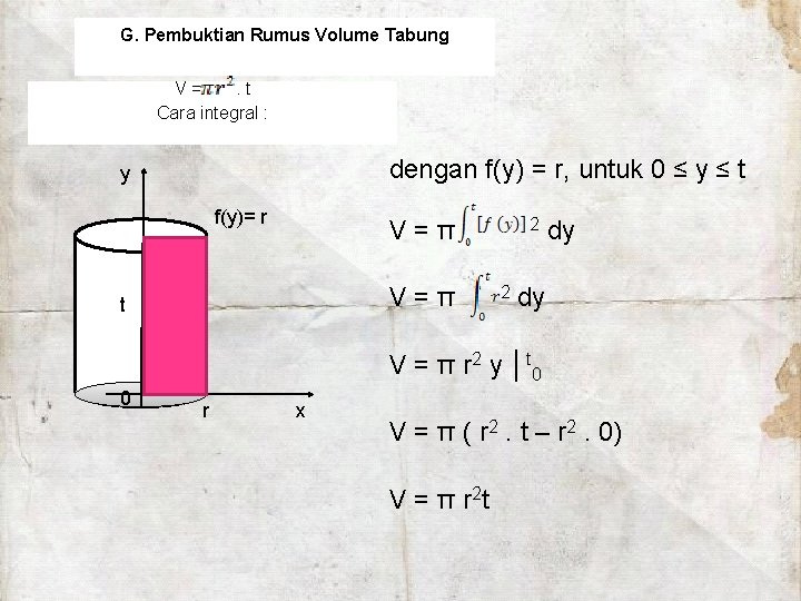 G. Pembuktian Rumus Volume Tabung V = . t Cara integral : dengan f(y)