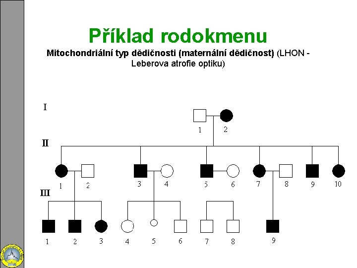 Příklad rodokmenu Mitochondriální typ dědičnosti (maternální dědičnost) (LHON Leberova atrofie optiku) 