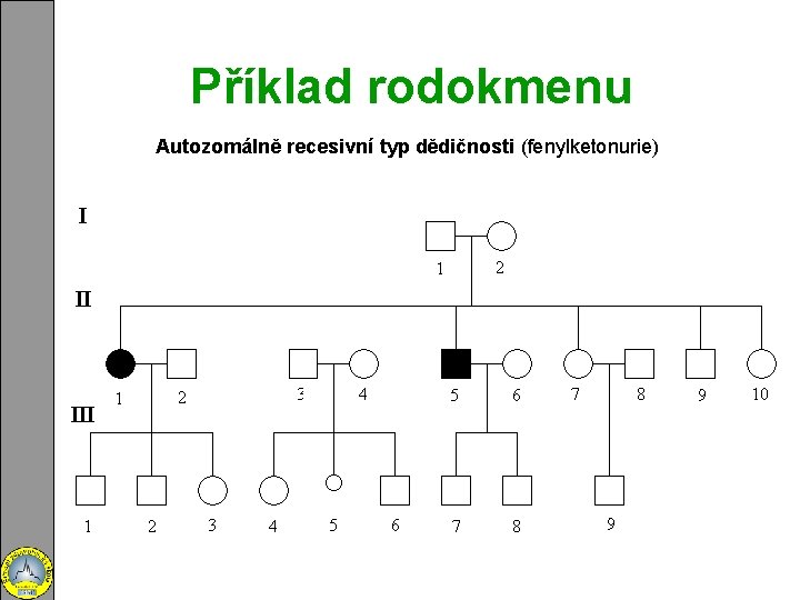 Příklad rodokmenu Autozomálně recesivní typ dědičnosti (fenylketonurie) 