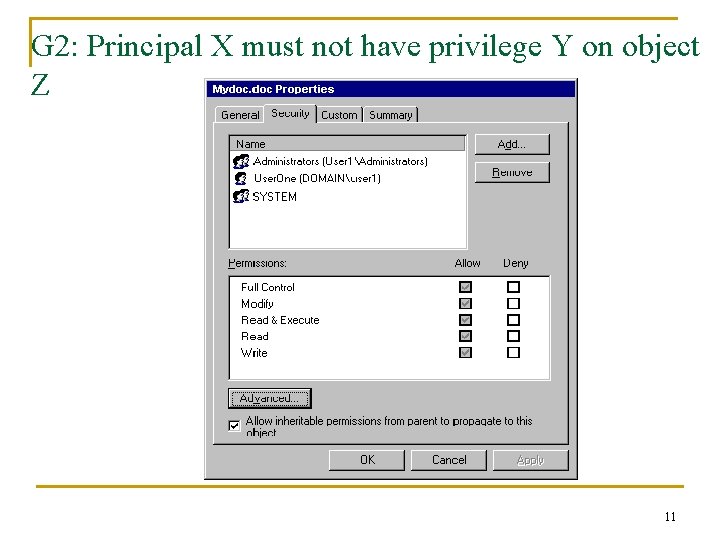 G 2: Principal X must not have privilege Y on object Z 11 