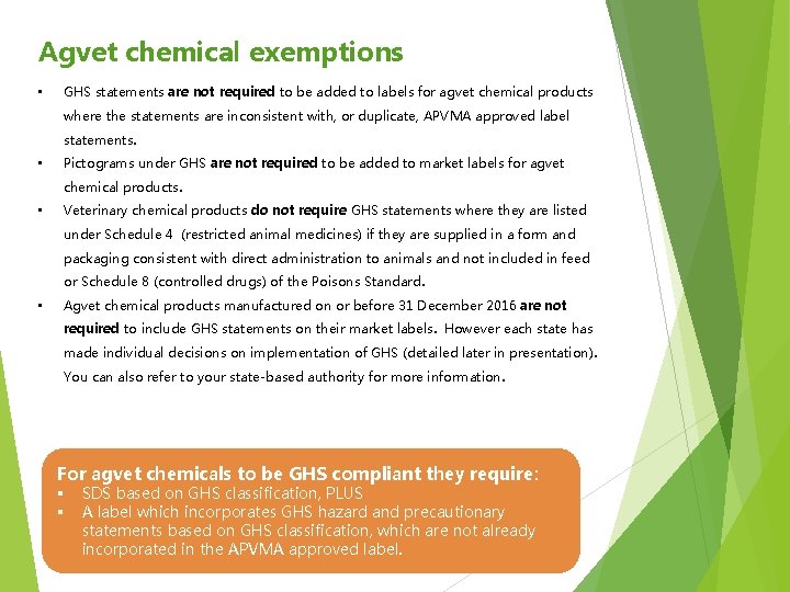 Agvet chemical exemptions • GHS statements are not required to be added to labels